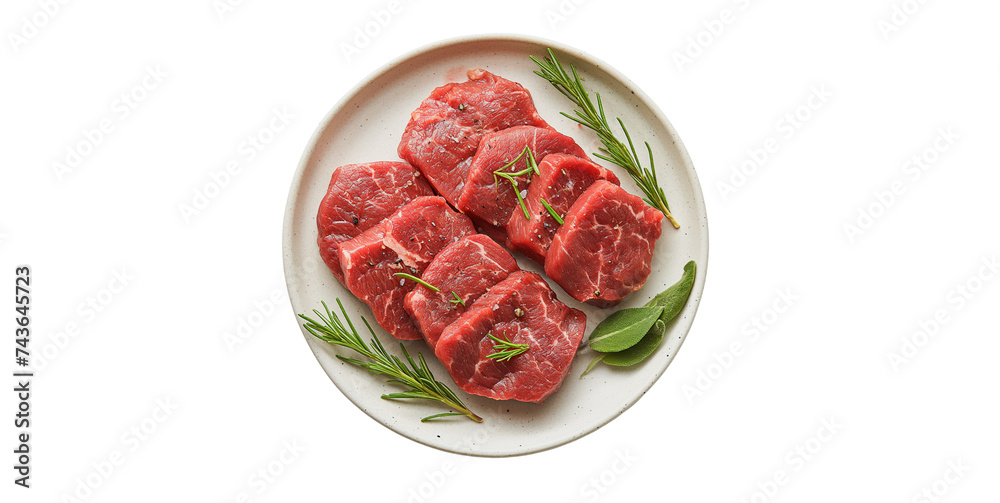 Meat steak arranged in a plate in the center, top view, white background