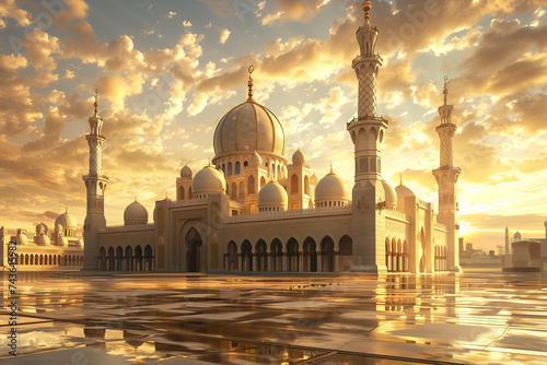islamic majestic mosque at morning. ramadan kareem banner background. ramadan kareem holiday celebration concept