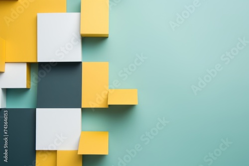 Abstract Geometric Background. A dynamic arrangement of yellow and grey squares on a teal backdrop, representing conceptual structure and design.
