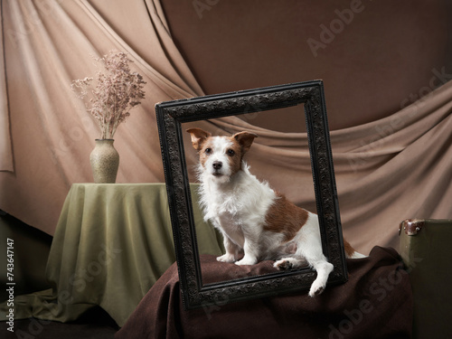 Jack Russell Terrier poses with an ornate frame, classical drapery backdrop. The poised dog adds charm to the vintage setting, creating a timeless pet portrait photo