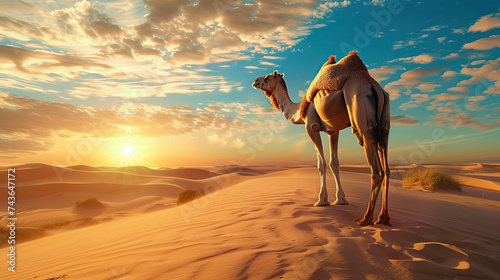 a camel standing in the middle of a desert with blue sky