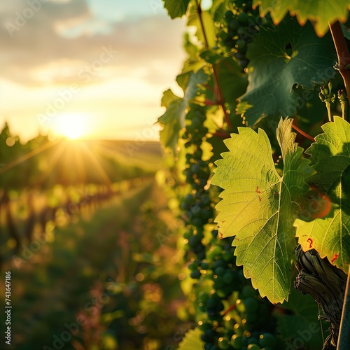 Vineyard valley, grape leaves, vine growing