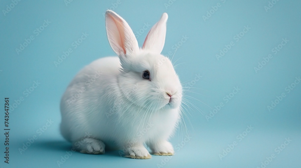 White rabbit ear on pastel blue background. Easter day.