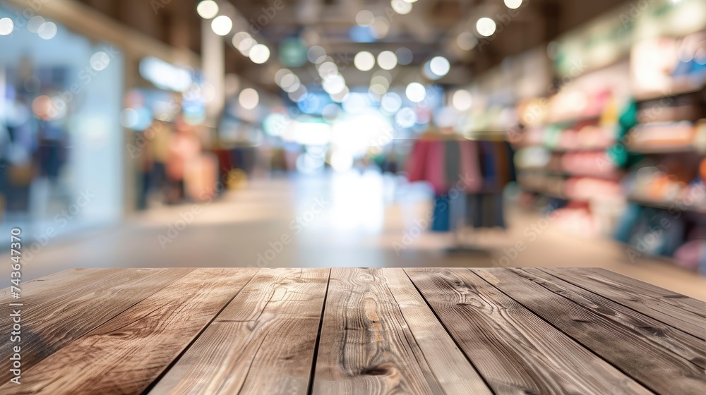 Empty beautiful wood table top counter and blur bokeh modern shop interior background in clean and bright,Banner, Ready for product montage - generative ai Empty beautiful wood table top counter and blur bokeh modern shop interior background in clean and bright,Banner, Ready for product montage - generative ai