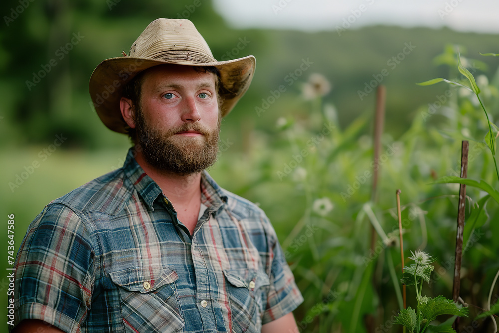 Capture the spirit of sustainable farming in the USA with a compelling portrait of a dedicated male worker on an organic farm