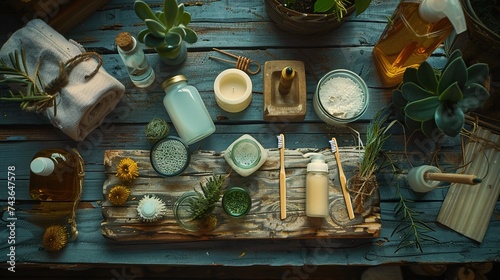 Eco-friendly household products arranged on a wooden surface, highlighting sustainable living through natural cleaning agents, bamboo toothbrushes. Eco-Friendly