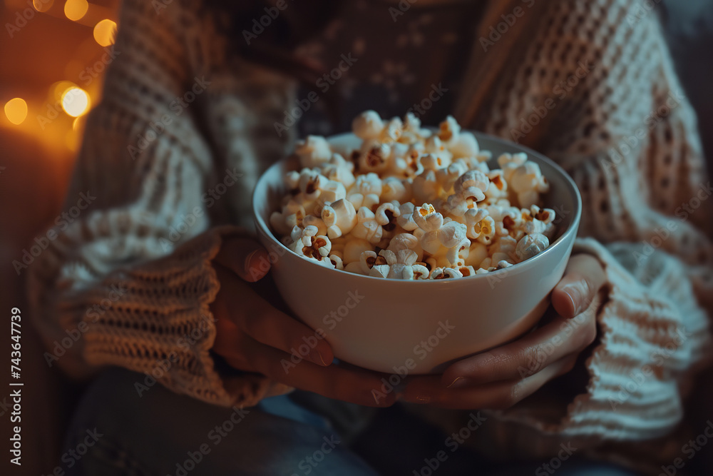 Cozy Evening at Home with a Bowl of Popcorn, Comfortable Knit Sweater, and Warm Ambient Light Cozy Evening at Home with a Bowl of Popcorn, Comfortable Knit Sweater, and Warm Ambient Light