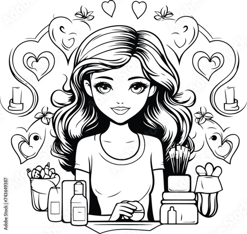 Black and white illustration of a girl using a laptop. surrounded by hearts
