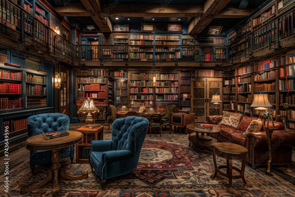 Dimly lit library with shelves of books