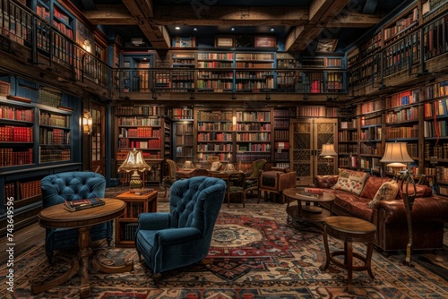 Dimly lit library with shelves of books