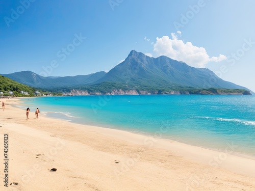 Beach with mountains and sea in the summertime