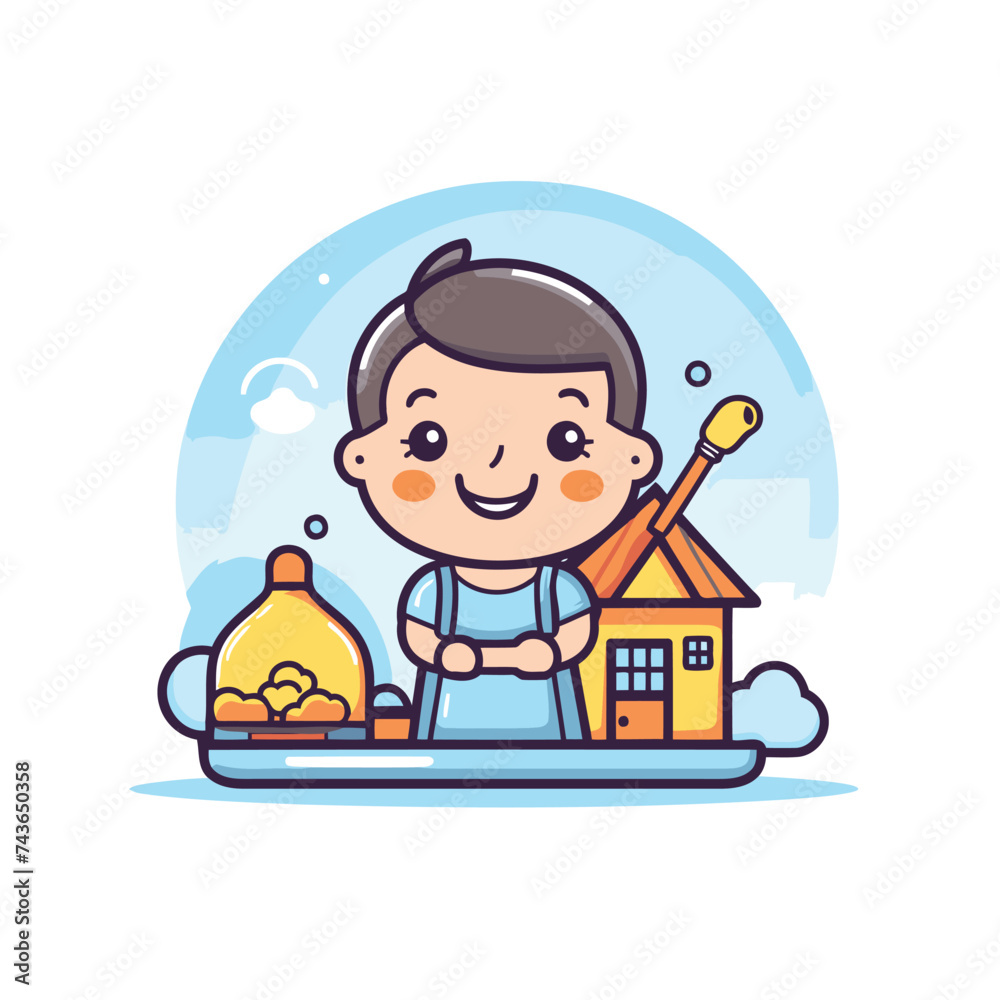 Cute boy holding a brush in his hand. Vector illustration.