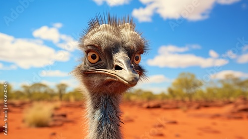 In the vast, sun-kissed Australian outback, a majestic emu stands tall against the backdrop of red earth and expansive blue skies. 