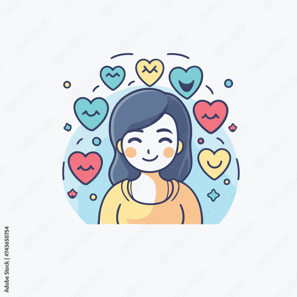Cute girl with hearts around her. Vector illustration in linear style.