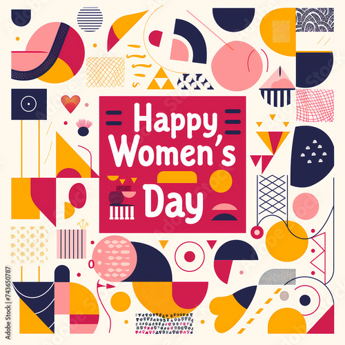 Geometric pattern background with bold typography for Women's Day. Abstract colorful geometry elements graphics on white background with a word "Happy Women's Day" in the center. Square image.