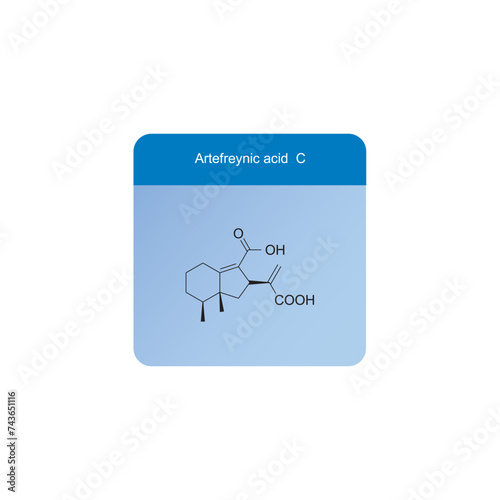 Artefreynic acid C skeletal structure diagram.Sesquiterpene compound molecule scientific illustration on blue background. photo