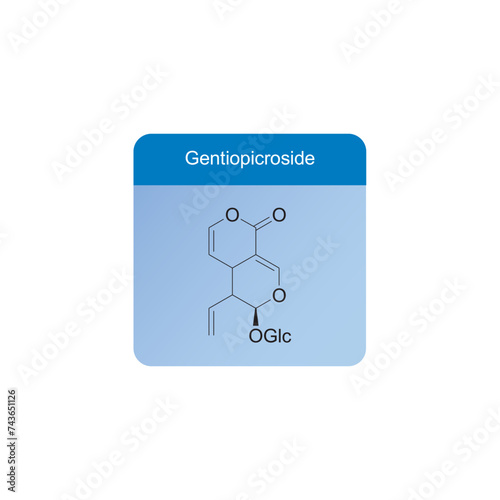 Gentiopicroside skeletal structure diagram.monoterpenoid compound molecule scientific illustration on blue background. photo