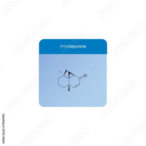 (+)-Mayurone skeletal structure diagram.Sesquiterpene compound molecule scientific illustration on blue background. photo