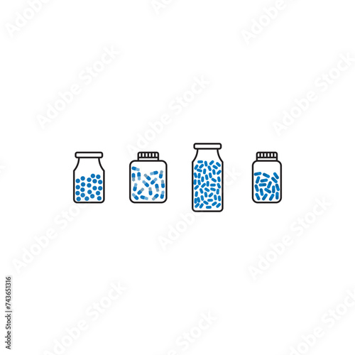 Set of 4 blue, red medication bottle with capsules icons - simplified vector illustration elements to use in web and product design, advertisement and more.