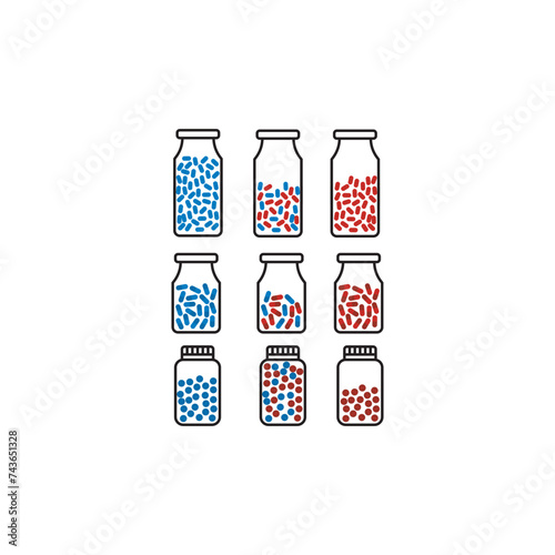 Set of 9 blue, red medication bottle with capsules icons - simplified vector illustration elements to use in web and product design, advertisement and more.