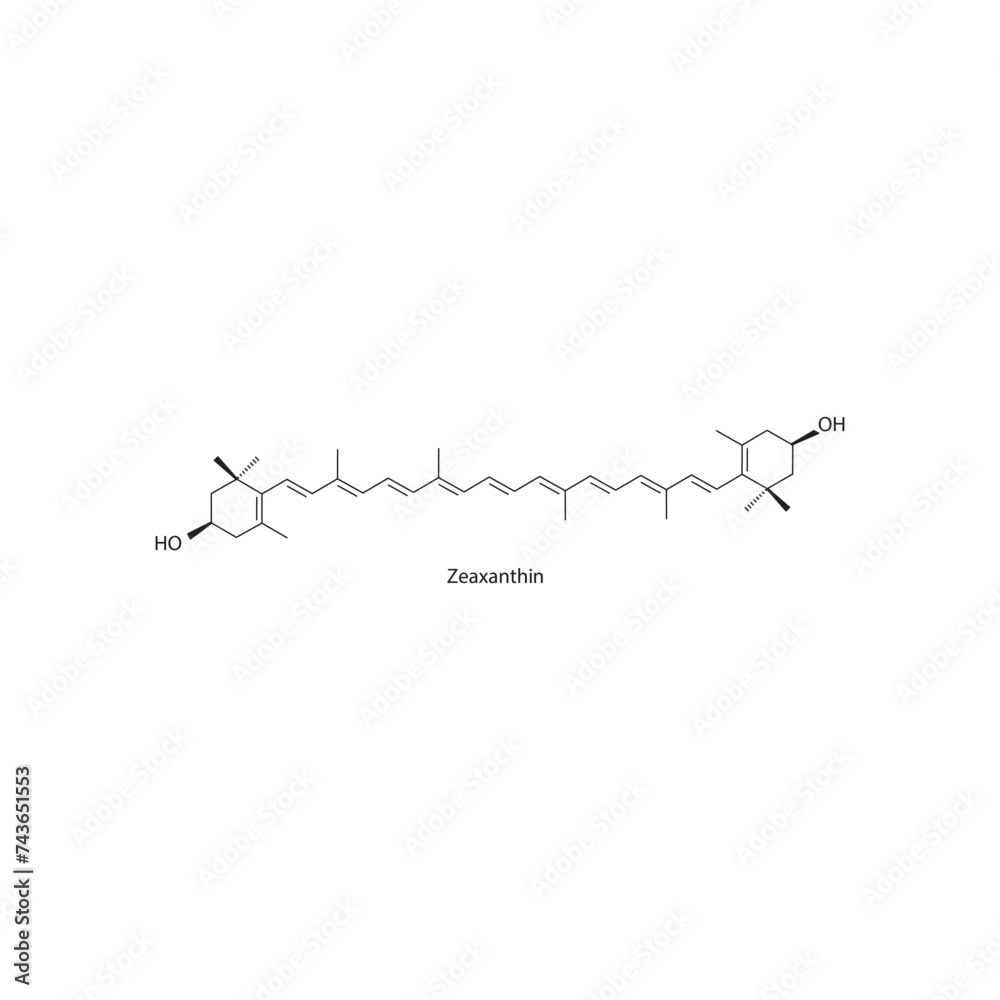 Zeaxanthin skeletal structure diagram.Caratenoid compound molecule scientific illustration on white background.