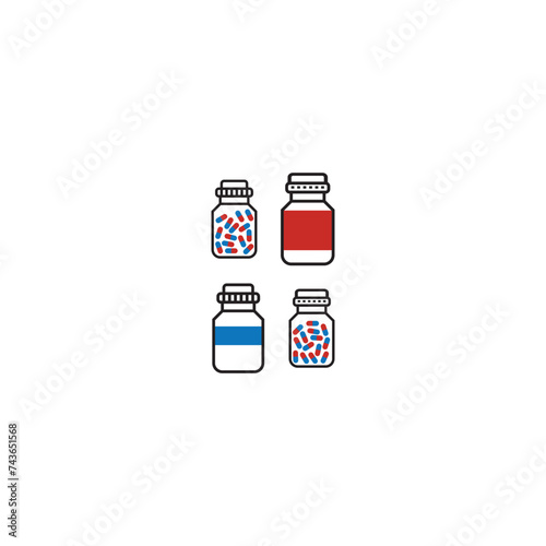 Set of 4 blue, red medication bottle with capsules icons - simplified vector illustration elements to use in web and product design, advertisement and more.