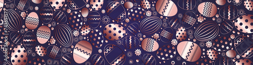 Easter banner with lace eggs in rose gold color on a dark blue background. Easter holiday background. Vector illustration