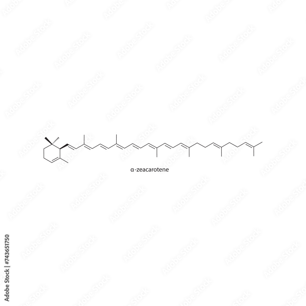 α-zeacarotene skeletal structure diagram.Caratenoid compound molecule scientific illustration on white background.