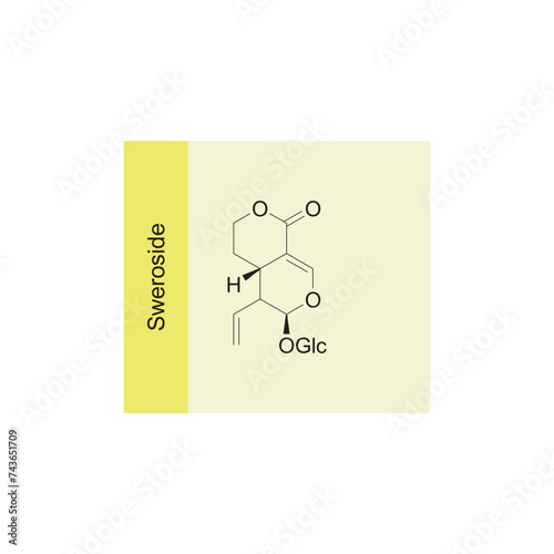 Sweroside skeletal structure diagram.monoterpenoid compound molecule scientific illustration on yellow background. photo