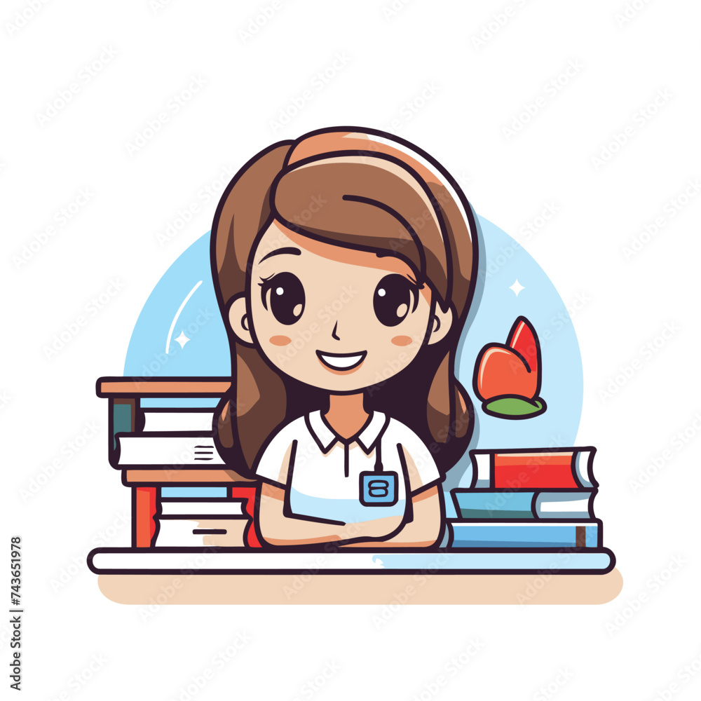 School girl sitting at the desk with books. Vector cartoon illustration.