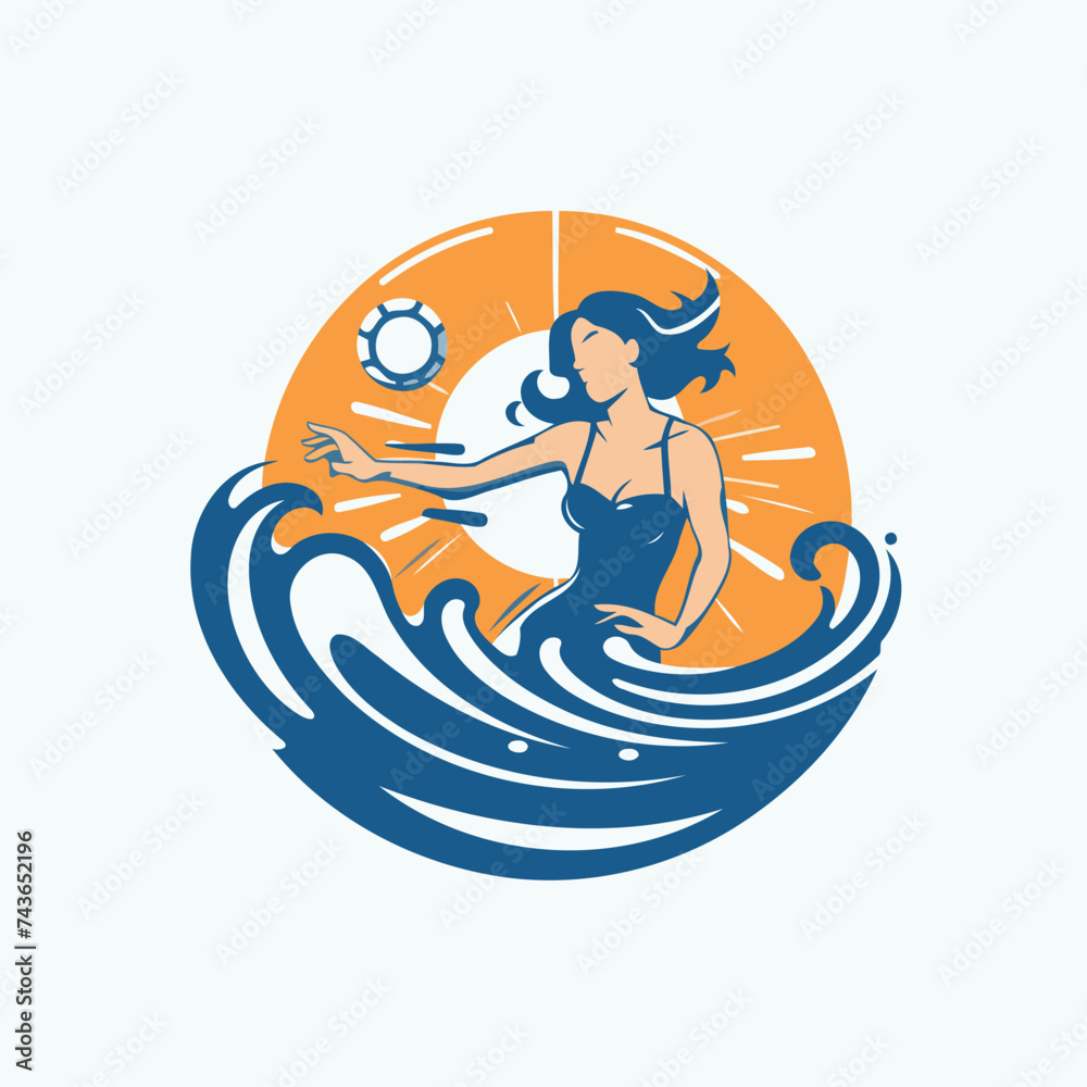 Surfer girl on the wave. Vector illustration in retro style.