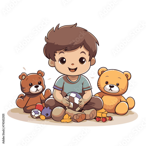 Cute little boy playing with teddy bears. Vector illustration.