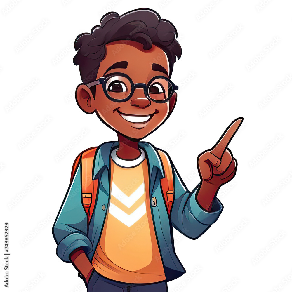 little black boy 10 years old, smile, looking at camera, school uniform, glasses, backpack, pupil points with his finger to the top, hand pointing empty place, isolated on white transparent background