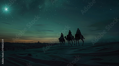 three wise men riding with camels on the desert starry night