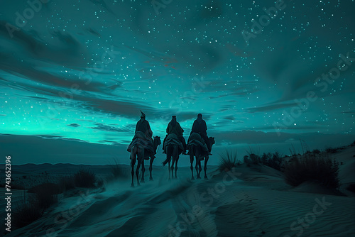 three wise men riding with camels on the desert starry night