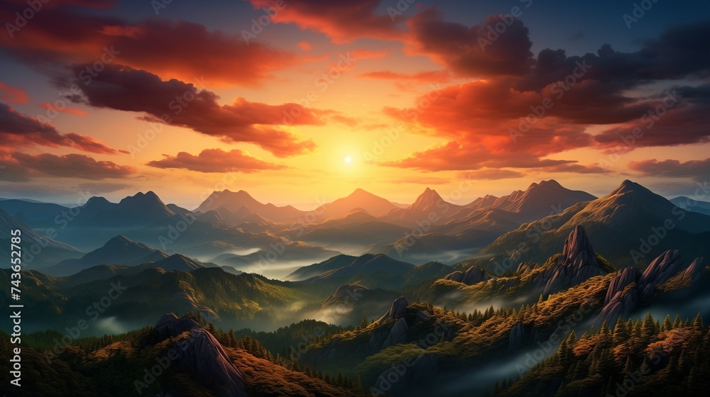 Majestic Mountain Sunset – A breathtaking landscape featuring towering mountains and rolling hills under a vibrant sky. 