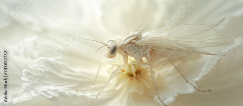A detailed view of a white flower with a gadfly perched on it, showcasing the intricate details of the petals and the insects features.