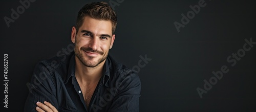 An attractive man confidently poses for a picture, crossing his arms and jokingly interacting with the camera. photo