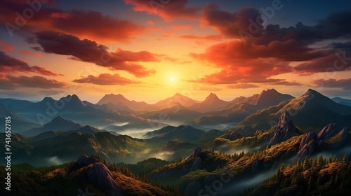 Majestic Mountain Sunset – A breathtaking landscape featuring towering mountains and rolling hills under a vibrant sky. 