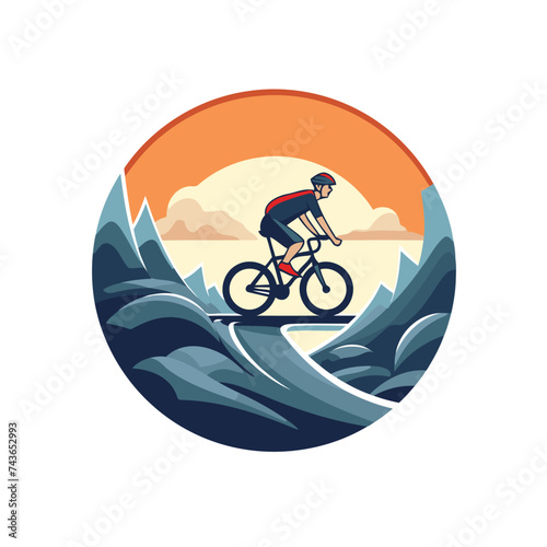 Cyclist riding on the waves. Vector illustration in retro style