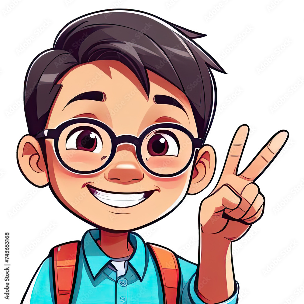 Asian boy 10 years old, smile, looking at camera, school uniform, glasses, backpack, pupil points with his finger to the top, hand pointing empty place, isolated on white transparent background