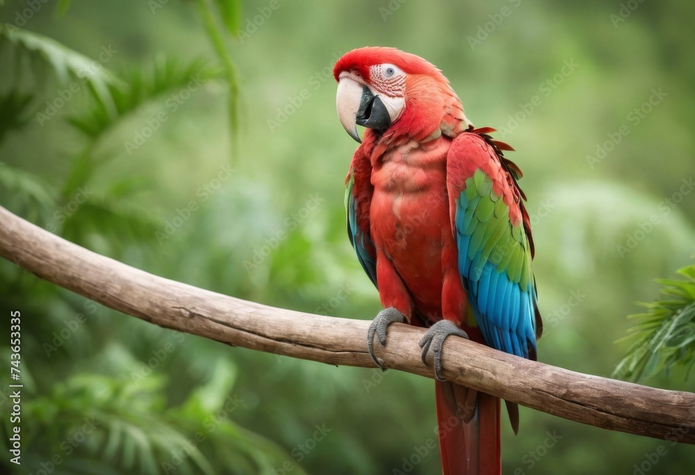 Red and green macaw parrot on a branch