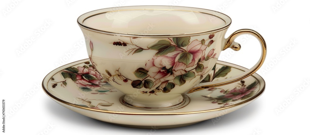 The image features a classic coffee cup with a matching saucer, elegantly displayed. The saucer is placed under the cup, creating a visually pleasing ensemble. The design and colors of the cup and The image features a classic coffee cup with a matching saucer, elegantly displayed. The saucer is placed under the cup, creating a visually pleasing ensemble. The design and colors of the cup and