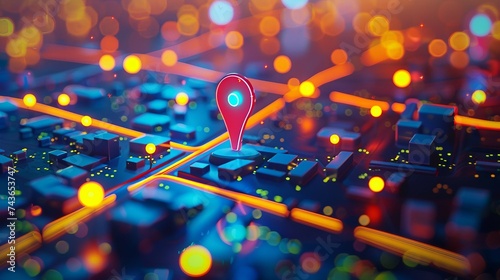 Dynamic Geospatial Map with Location Intelligence. Glowing Neon Map Pin technology  Background. photo