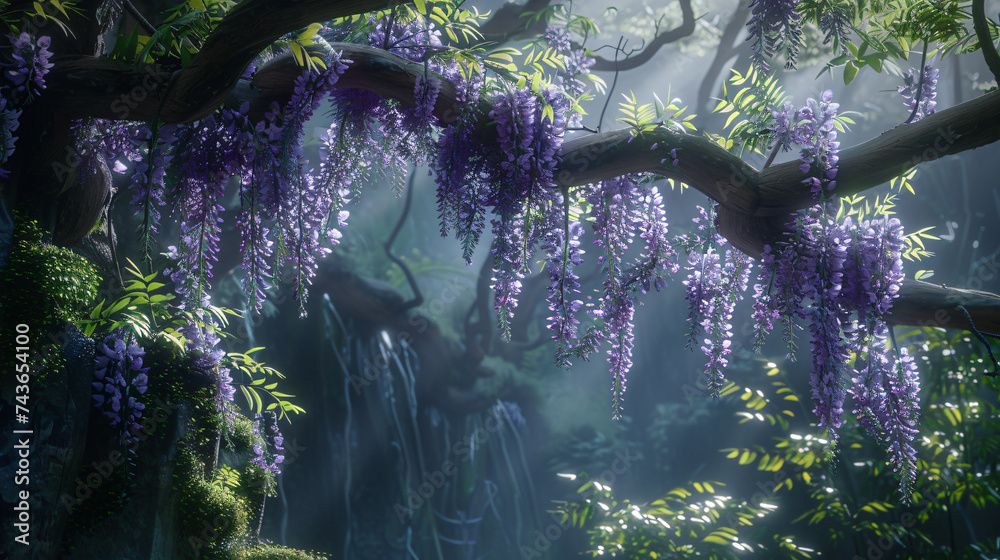 Wisteria (Wisteria spp.) in full bloom, utilizing cinematic framing to reveal the elegance of cascading floral clusters. - obrazy, fototapety, plakaty 