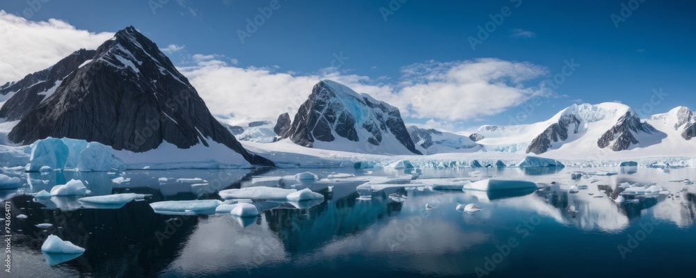 Panoramic view of icy rocks and Arctic (Antarctic) ocean waters
