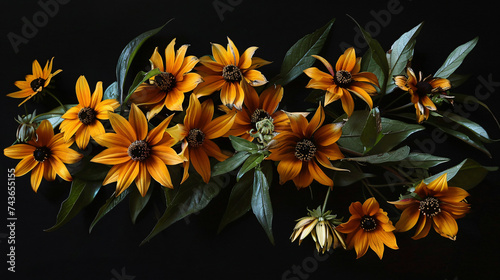 Rudbeckia with a golden halo effect, employing cinematic framing to highlight their natural colors and create an elegant composition.