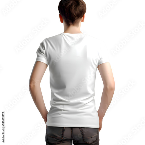 Rear view of a young man wearing blank white t shirt. Mock up. 3D Rendering