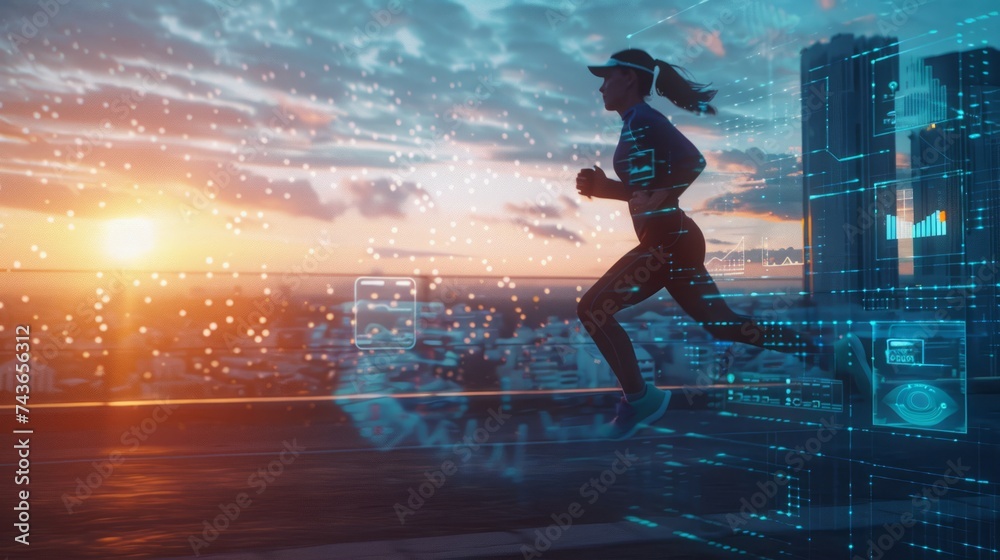 Futuristic Cityscape with Female Runner in Holographic Environment