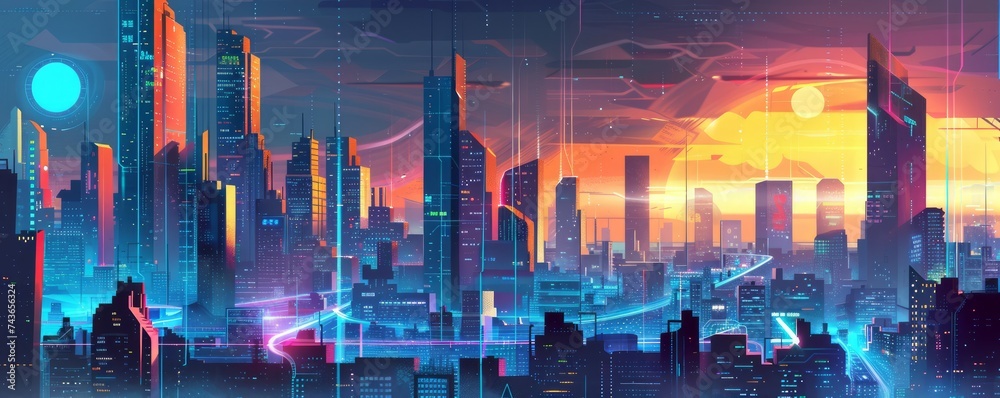 Futuristic Cityscape with Neon Lights and Digital Elements